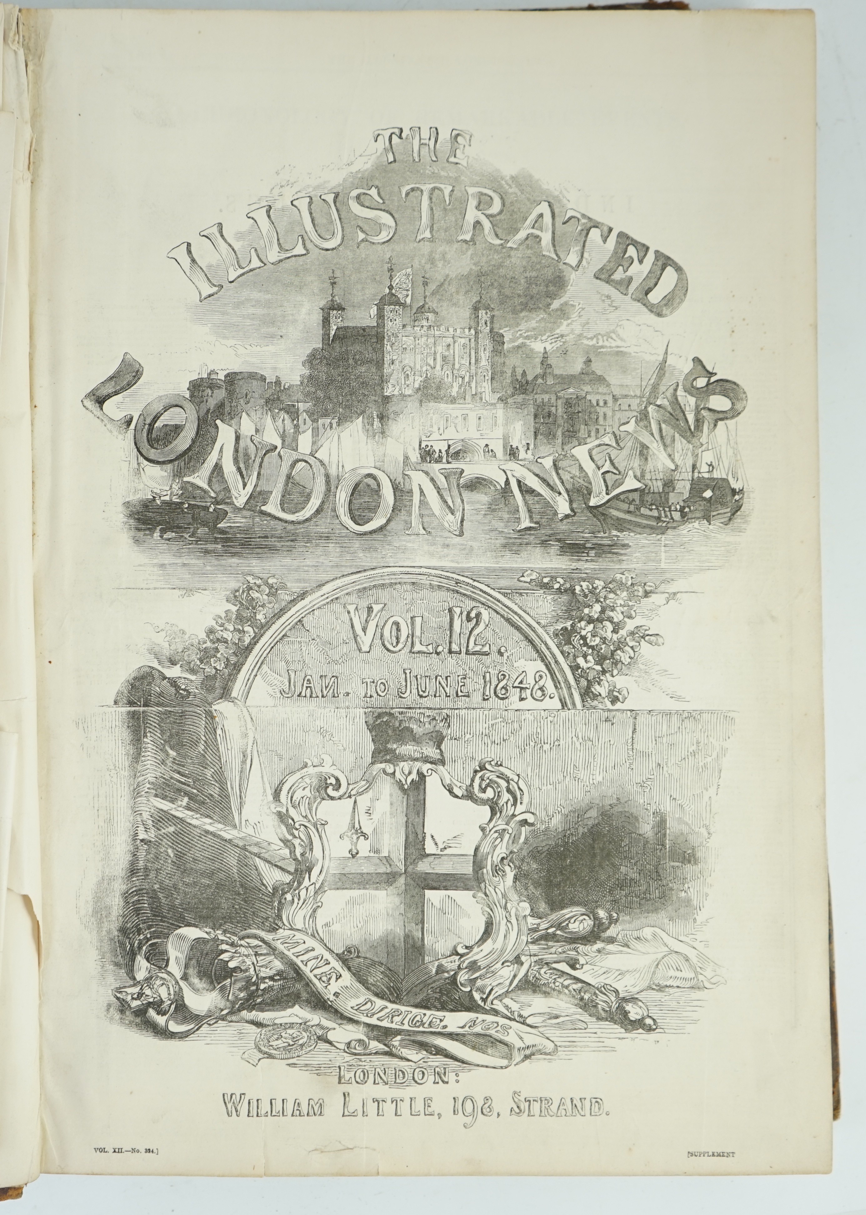 The Illustrated London News, vol.12 (Jan. to June 1848). pictorial engraved title and wood engraved illus. throughout and with large folded panoramic frontispiece (Paris in 1848); old half leather and marbled boards, fol